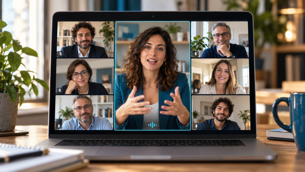 Immagine illustrativa di una riunione online con una persona che parla in video