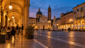 Immagine illustrativa di una piazza ad Alessandria al tramonto