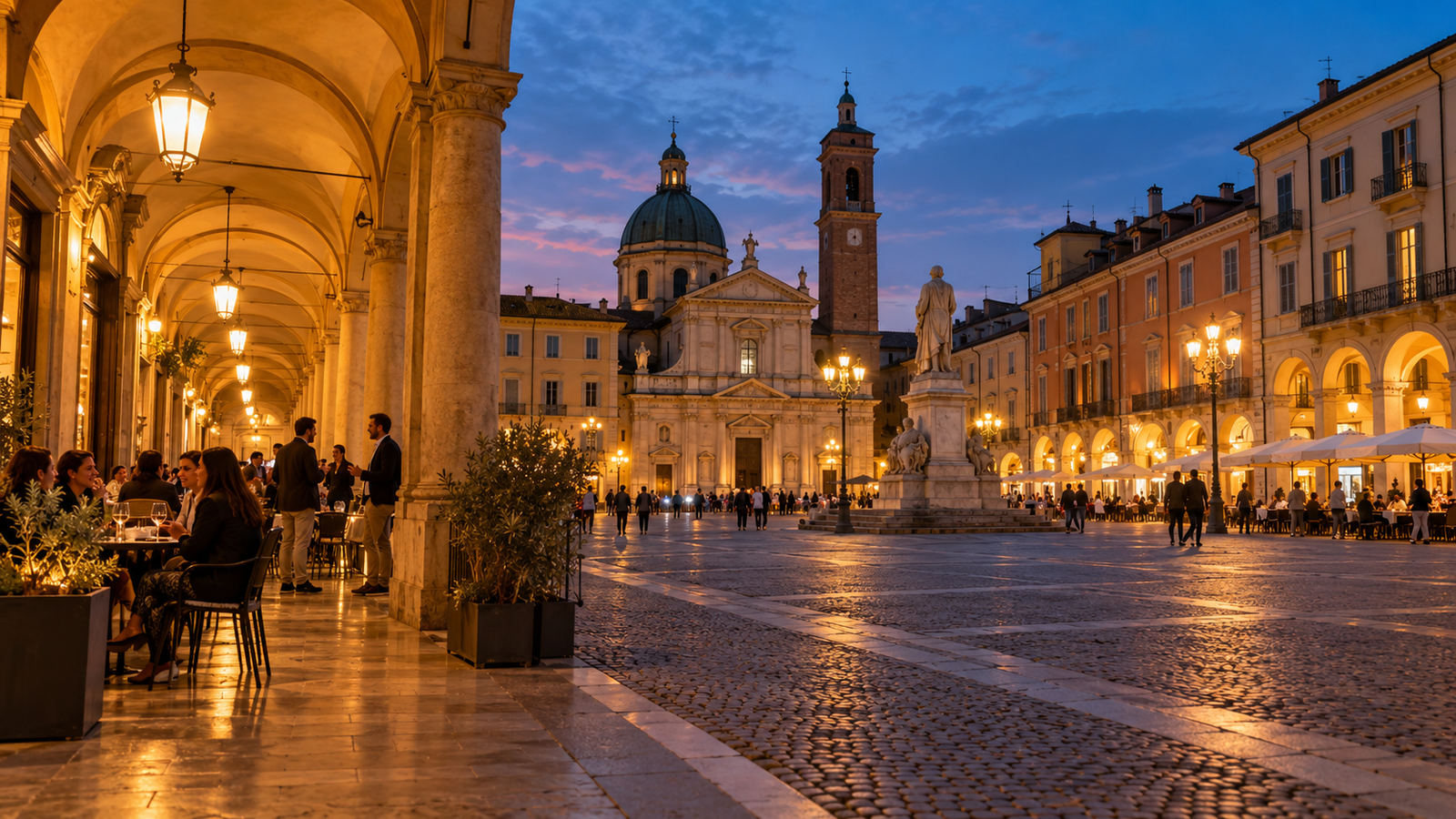 Immagine illustrativa di una piazza ad Alessandria al tramonto