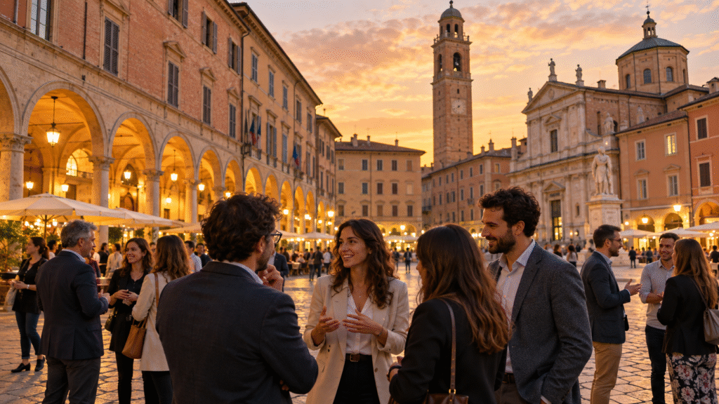 Immagine illustrativa di una piazza cittadina con persone che conversano al tramonto