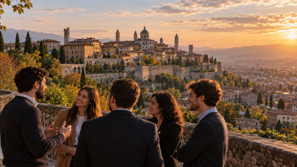 Immagine illustrativa di Bergamo Alta con persone che conversano